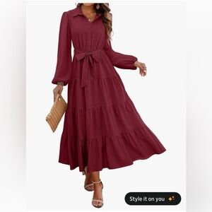 NWOT Women’s Long Sleeve Tiered Maxi Dress in Burgundy